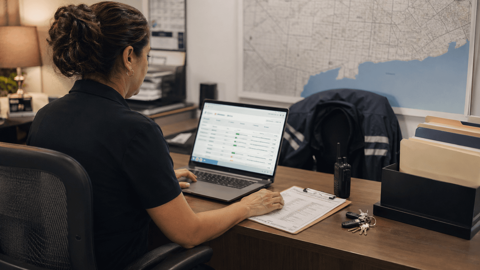 Cleaning operations supervisor reviewing shift status and quality checklists.